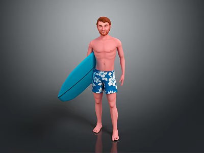 Shirtless Male Standing Barefoot Holding Blue Surfboard Wearing Floral Blue White Shorts 3d model