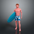 Shirtless Male Standing Barefoot Holding Blue Surfboard Wearing Floral Blue White Shorts