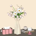 White Striped Vase With Pink And White Flowers On Light Table With Books And Decor