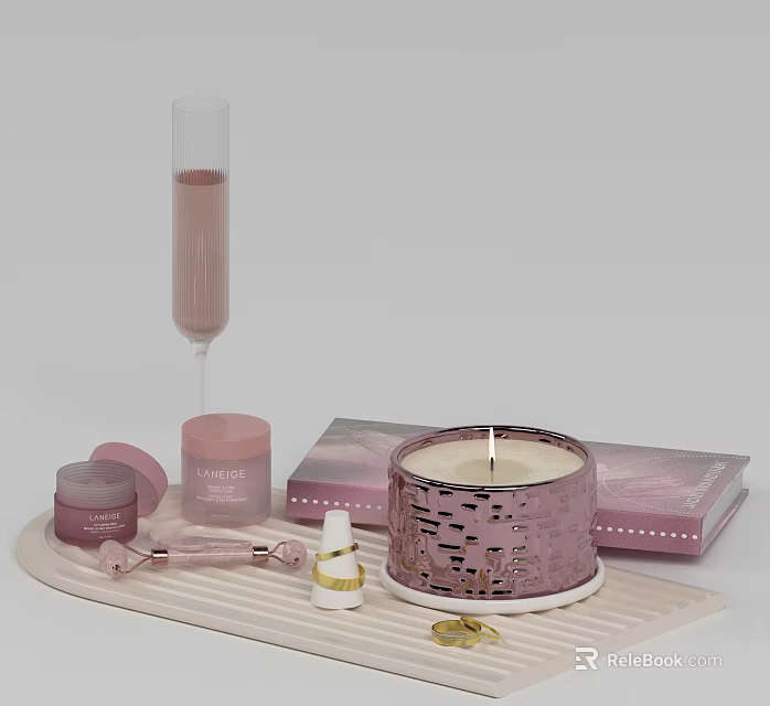 Pink Perfume Cosmetics On Tray Featuring Laser Cut Candle Jar Roller Tools And Lavande Box 3d model 