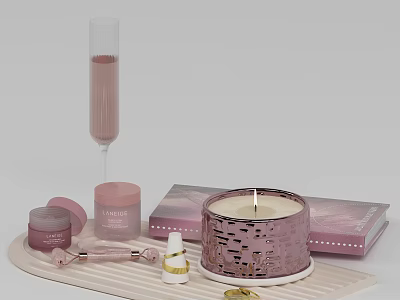 Pink Perfume Cosmetics On Tray Featuring Laser Cut Candle Jar Roller Tools And Lavande Box 3d model