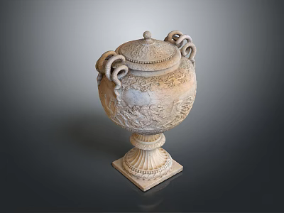 Vintage Carved Floral Vase With Lid Two Handles And Square Base Design 3d model