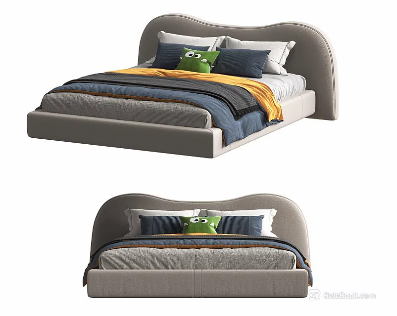 Modern Double Bed With Gray Curved Headboard Blue Yellow Bedding Green Frog Toy 3d model 