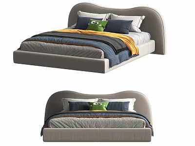 Modern Double Bed With Gray Curved Headboard Blue Yellow Bedding Green Frog Toy 3d model