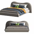 Modern Double Bed With Gray Curved Headboard Blue Yellow Bedding Green Frog Toy