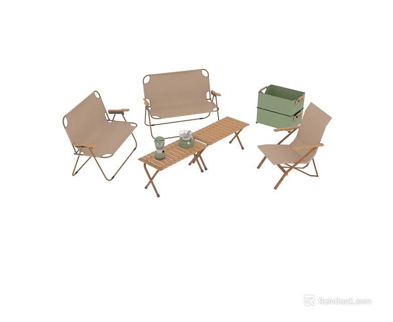 Portable Outdoor Furniture Set With Folding Chairs Wooden Table And Green Storage Box 3d model 