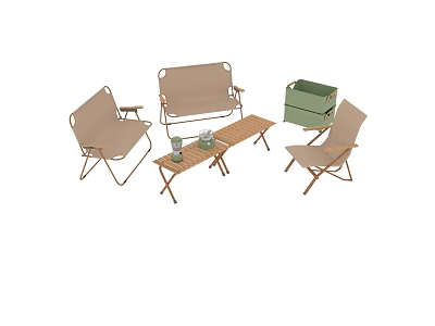 Portable Outdoor Furniture Set With Folding Chairs Wooden Table And Green Storage Box 3d model