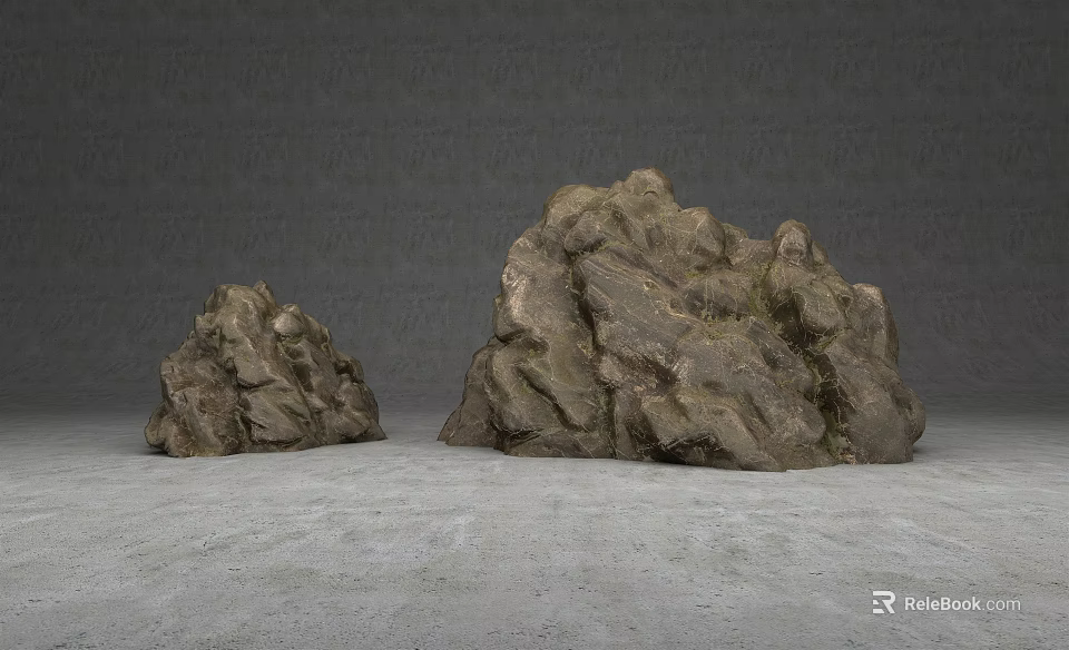 Two Stone And Wood Rockery Models Placed On Grey Floor With Grey Background 3d model