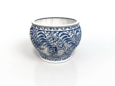 Traditional Chinese Blue and White Porcelain Jar With Intricate Sea Wave Patterns 3d model