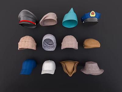 Collection of Assorted Hats Displayed in Various Styles and Colors on Black Background 3d model