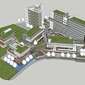 Modern Office Complex with Green Roofs and Landscaped Surroundings Trees and Pedestrian Paths