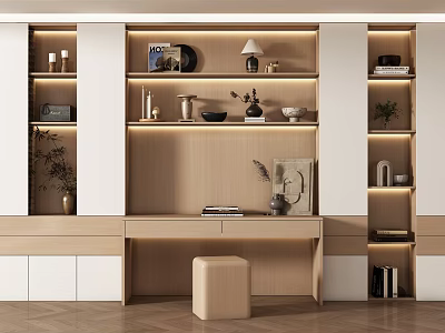 Modern Study Room Interior With Wooden Bookshelves Writing Desk And Decorative Items 3d model