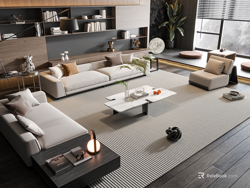 Modern Living Interior With Sofa Coffee Table Set Soft Pillows Striped Rug And Decorative Plants 3d model 
