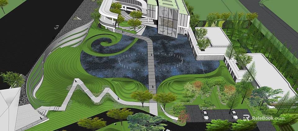 Modern Garden Landscape Design with Winding Walkways Green Lawns Water Feature and Trees 3d model 