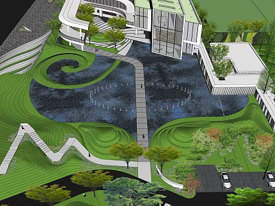Modern Garden Landscape Design with Winding Walkways Green Lawns Water Feature and Trees 3d model