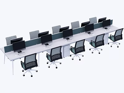 Modern Office Workspace With Long Desks Multiple Monitors And Ergonomic Black Chairs 3d model