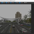 Modern Bridge Over Highway With Moving Cars Tall Buildings Blue Sky White Clouds