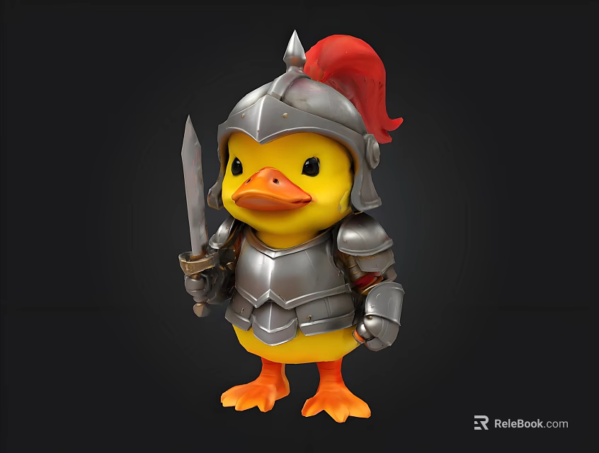 Cute Yellow Rubber Duck Toy in Silver Armor with Red Plume Helmet Holding Sword 3d model 