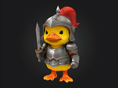 Cute Yellow Rubber Duck Toy in Silver Armor with Red Plume Helmet Holding Sword 3d model