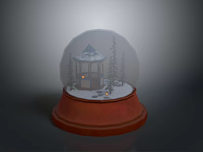 Snow Globe Featuring Blue Roof Gazebo Pine Trees Snow And Small Lights On Red Base 3d model