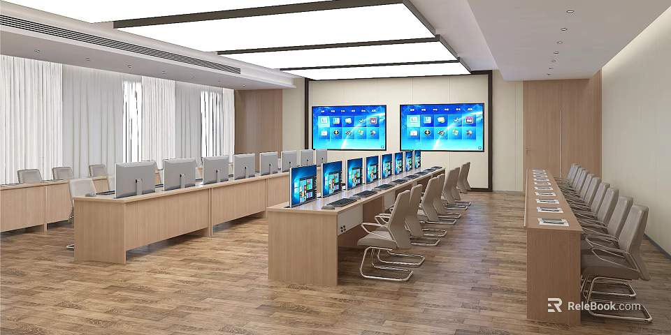 Modern Conference Room with Multiple Computer Monitors Long Tables Chairs and Large Screens 3d model