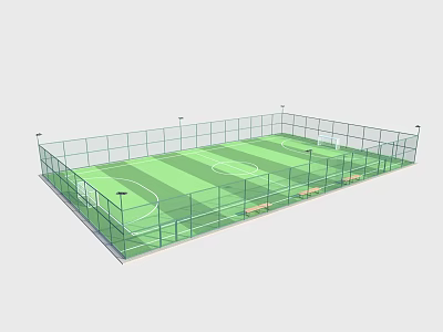 Enclosed Outdoor Soccer Field With Green Artificial Turf White Line Markings And Lighting Poles 3d model