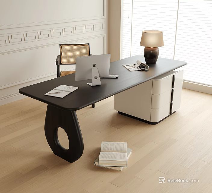 Black Desk with Unique Cutout Legs Laptop Papers Table Lamp White Drawer Cabinet Wooden Floor 3d model 