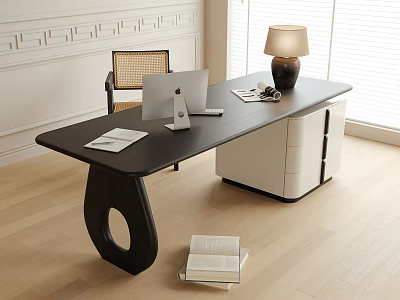Black Desk with Unique Cutout Legs Laptop Papers Table Lamp White Drawer Cabinet Wooden Floor 3d model