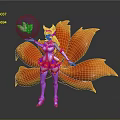 Fantasy Game Character With Fox Ears Orange Tails Purple Pink Outfit And Transparent Magic Orb