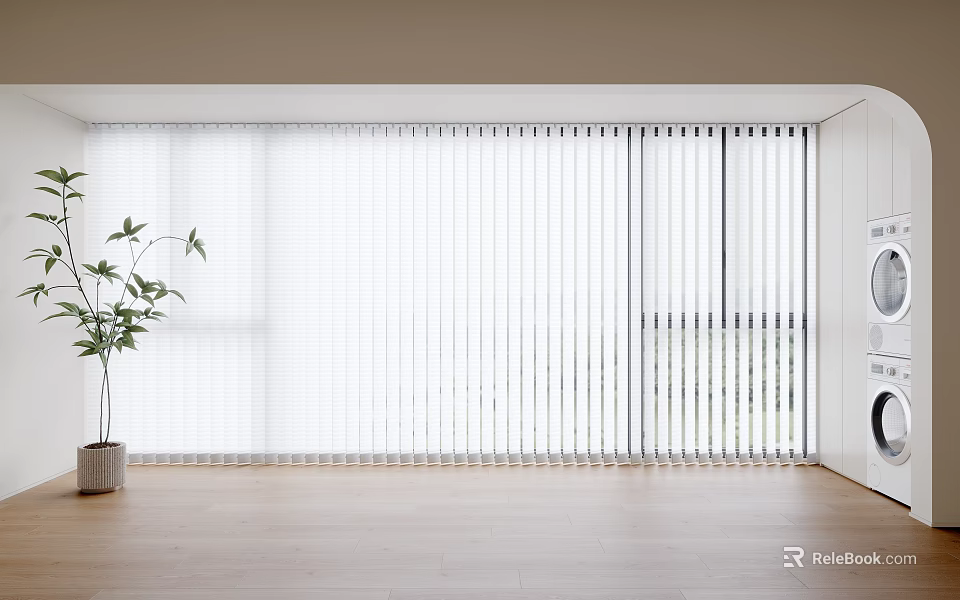 White Vertical Window Blinds in Bright Room with Wooden Floor and Potted Plant 3d model 