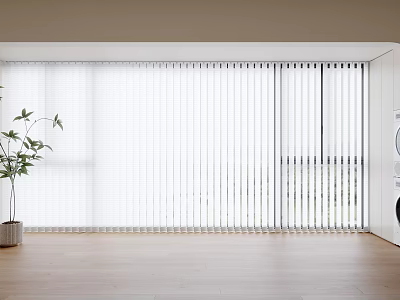 White Vertical Window Blinds in Bright Room with Wooden Floor and Potted Plant 3d model