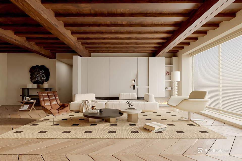 Stylish Living Room Interior With Wooden Ceiling Beams White Cabinets Sofa Armchairs And Geometric Rug 3d model 
