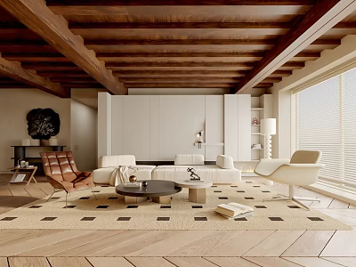Stylish Living Room Interior With Wooden Ceiling Beams White Cabinets Sofa Armchairs And Geometric Rug 3d model