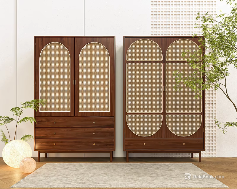 Two Wooden Chest of Drawers with Rattan Doors in Modern Interior with Plants and Lights 3d model 