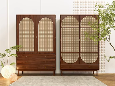 Two Wooden Chest of Drawers with Rattan Doors in Modern Interior with Plants and Lights 3d model