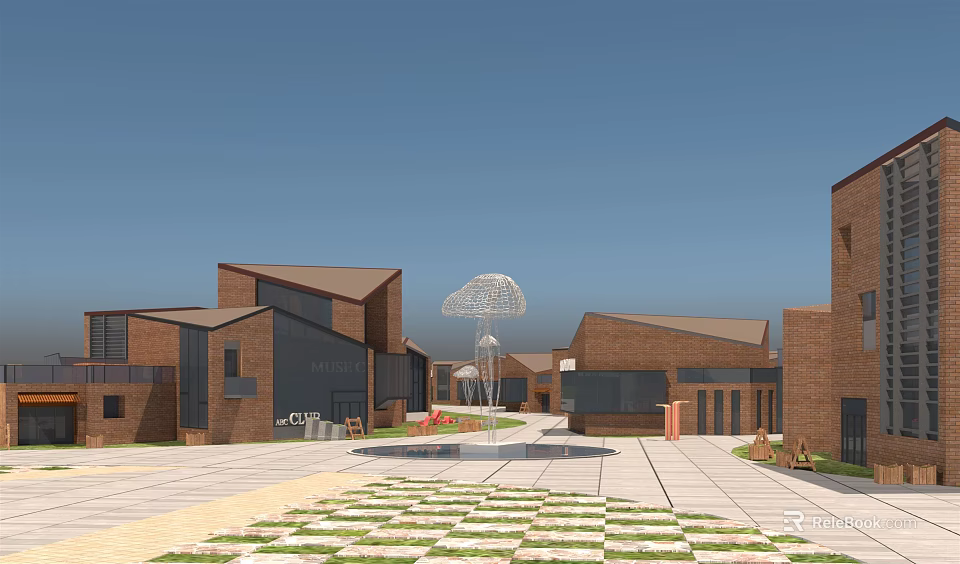 Modern Commercial Street With Red Brick Buildings Open Plaza And Art Sculptures 3d model 