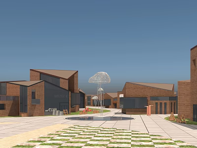 Modern Commercial Street With Red Brick Buildings Open Plaza And Art Sculptures 3d model