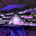 Large Indoor Multimedia Venue With Triangular LED Screen Purple Pink Lighting And Crowd 3d model