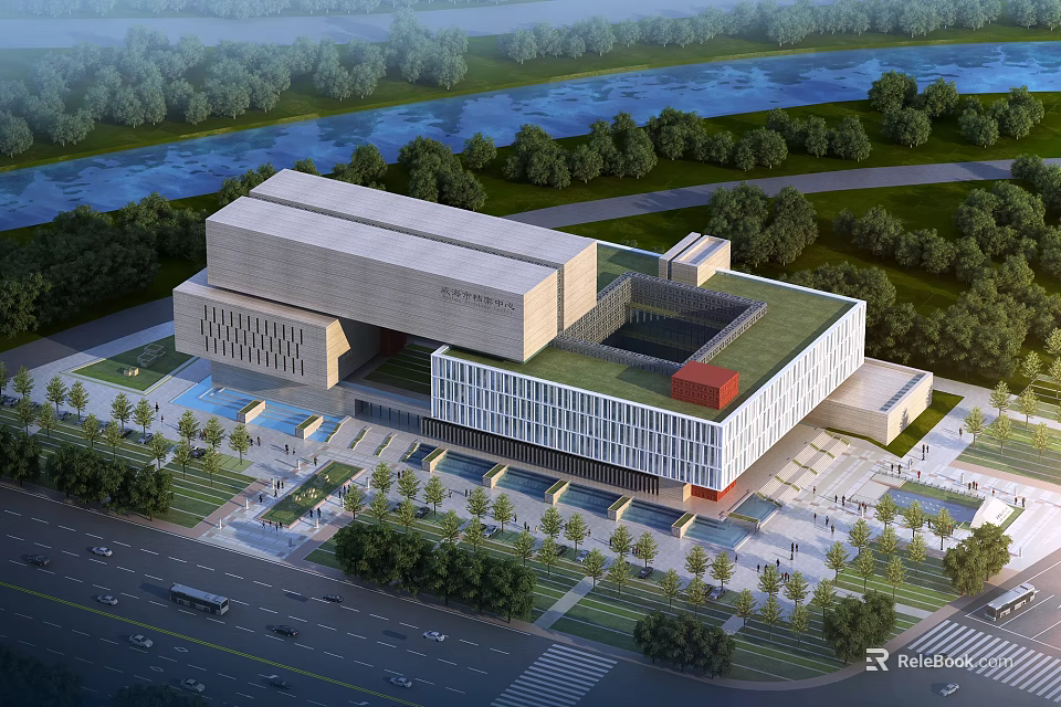 Modern Museum Building Exterior Design With Riverside Greenery Glass Facade Open Plaza And Trees 3d model 