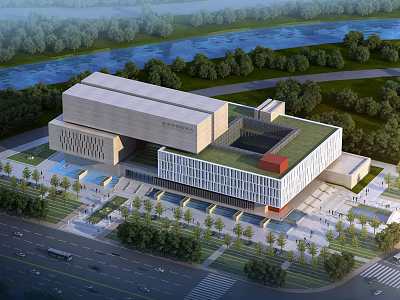 Modern Museum Building Exterior Design With Riverside Greenery Glass Facade Open Plaza And Trees 3d model