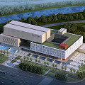 Modern Museum Building Exterior Design With Riverside Greenery Glass Facade Open Plaza And Trees