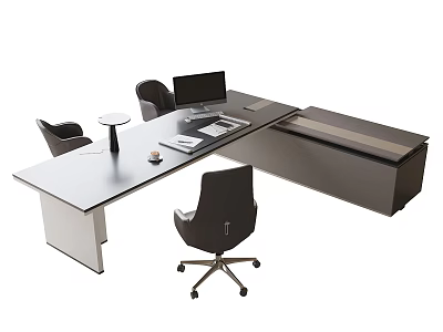 Modern Office Desk with Black Office Chairs Computer Monitor and Storage Cabinet 3d model