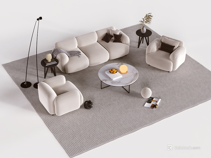 Modern Sofa Coffee Table Combination With Armchairs Round Top Floor Lamp And Decorative Rug 3d model 
