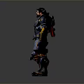 Futuristic Game Movie Character In Blue Orange Metallic Armor Holding Weapon Standing Pose