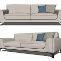 Cream Colored Two Seater Sofa with Blue and Beige Cushions and Black Legs Modern Design