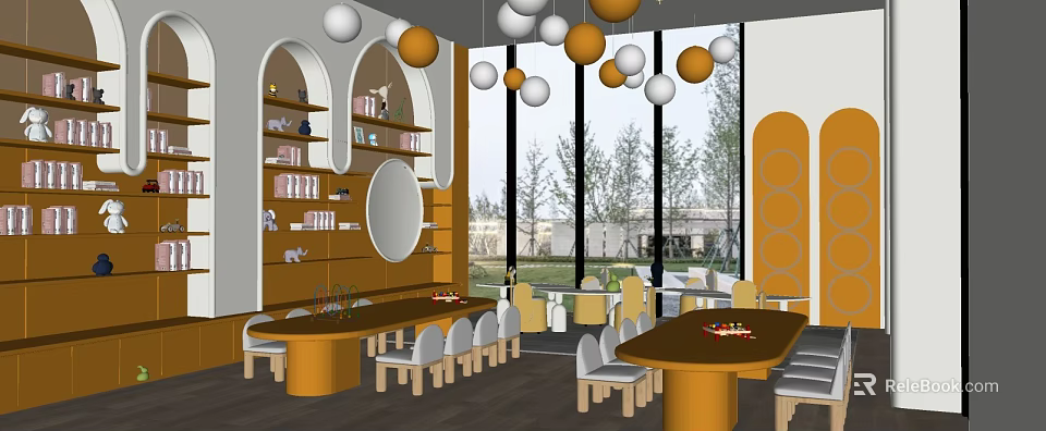 Modern Kindergarten Interior Design With Round Tables And Hanging Ball Decorations 3d model 