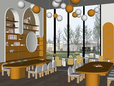 Modern Kindergarten Interior Design With Round Tables And Hanging Ball Decorations 3d model