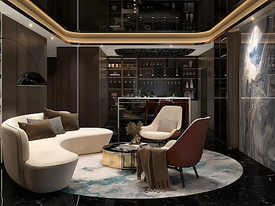 Modern Wine Cellar Interior With Round Sofa Accent Chairs Area Rug And Wine Racks 3d model