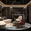 Modern Wine Cellar Interior With Round Sofa Accent Chairs Area Rug And Wine Racks