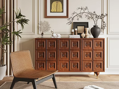 Vintage Solid Wood Entryway Console Cabinet With Drawers Plant And Wicker Chair 3d model